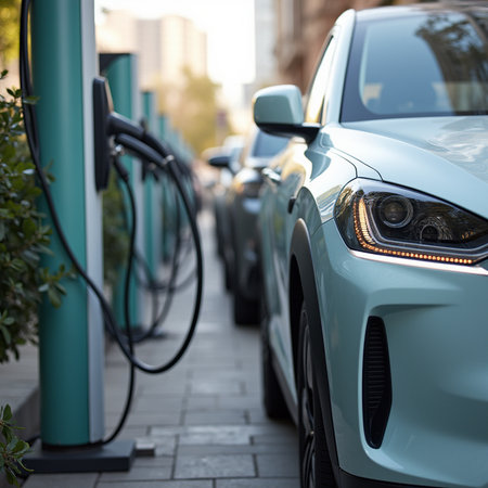 Electric cars in a row at a charging station, close-upの素材