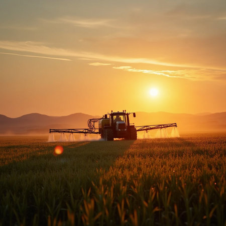 Tractor spraying fertilizer on rice field at sunset. Agricultural machinery.の素材