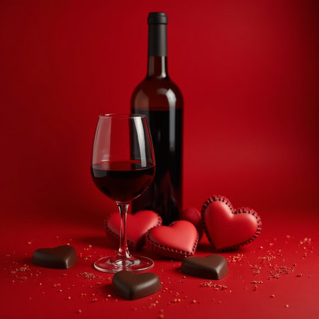 Valentines day composition with red wine, chocolate hearts and glass on red backgroundの素材