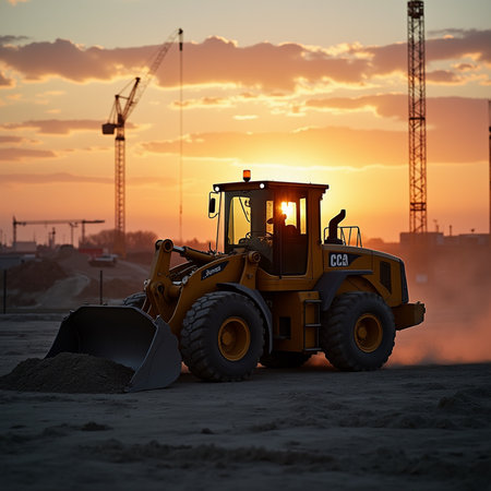 bulldozer on the construction site against the background of the setting sunの素材