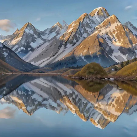 Mountains reflected in the lake with reflection of the sky and cloudsの素材