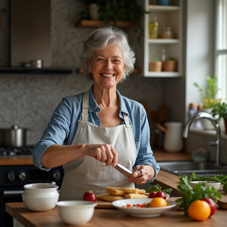 Cheerful senior woman preparing breakfast in the kitchen at home.の素材