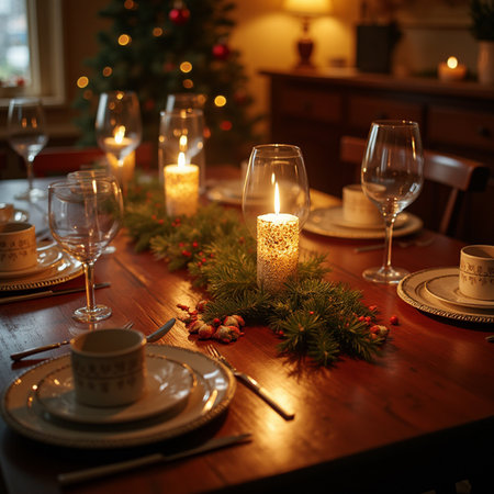 Christmas table setting with candles and ornaments. Selective focus.の素材
