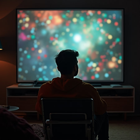 Back view of man watching tv in dark room with colorful bokehの素材