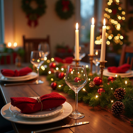 Christmas table setting with christmas decorations. Festive table decoration at home.の素材