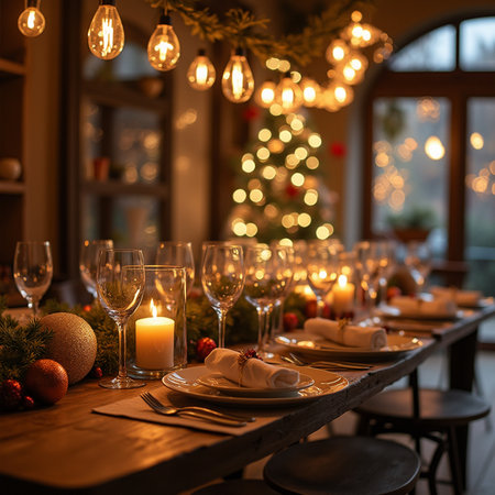 Table setting for Christmas dinner in cozy home interior. Decorated with Christmas tree and garland lights.の素材