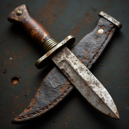 Hunting knife on a rusty metal background. Selective focus.の素材