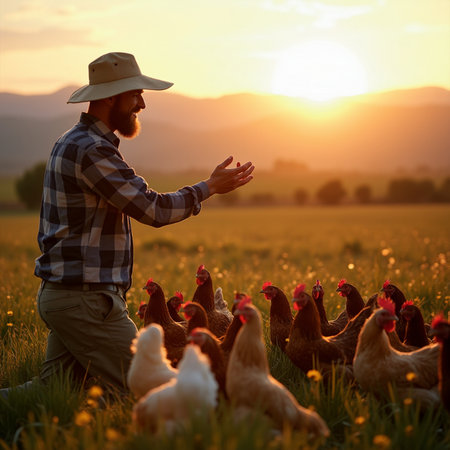 Farmer with chicken in the field at sunset, agriculture concept.の素材