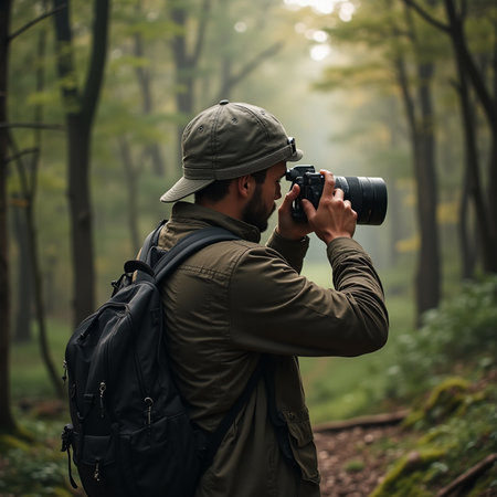 Photographer taking photos in the forest. Travel and adventure concept.の素材