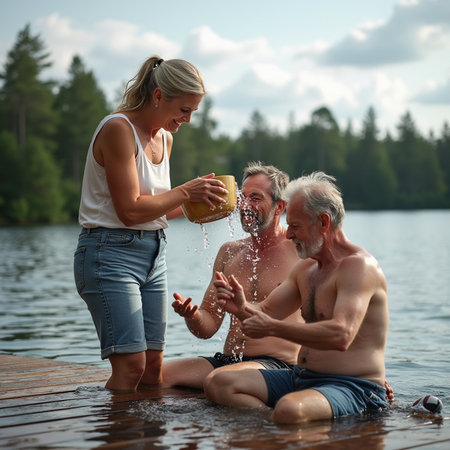 Mature couple drinking beer on the wooden pier at the lake.の素材