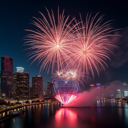 Colorful fireworks over Singapore skyline at night, Singapore, Asia.の素材