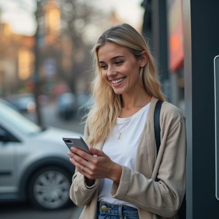 Portrait of a beautiful young woman using mobile phone in the cityの素材