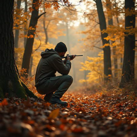 Man in the autumn forest with a gun in his hands. Selective focus.の素材