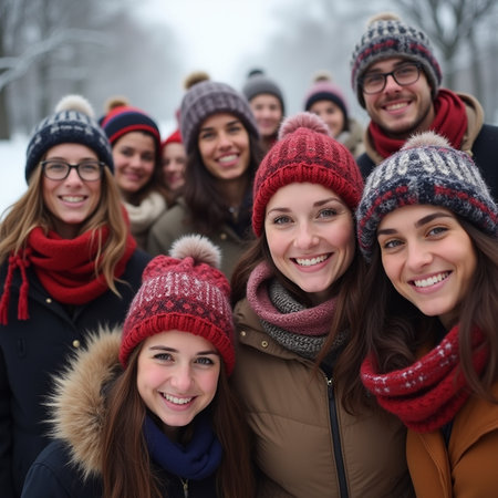 Portrait of a group of friends in winter clothes smiling at cameraの素材