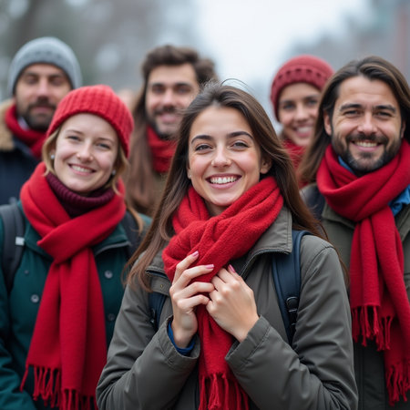 Group of happy friends walking on the street in winter, smiling and looking at cameraの素材