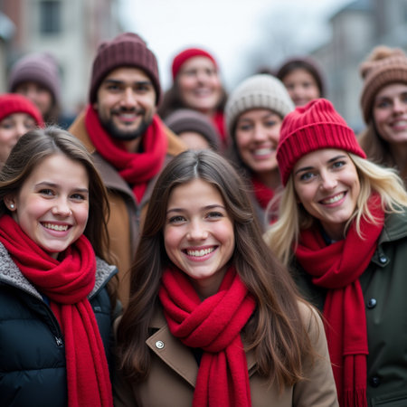 Portrait of group of smiling friends in winter clothes looking at cameraの素材