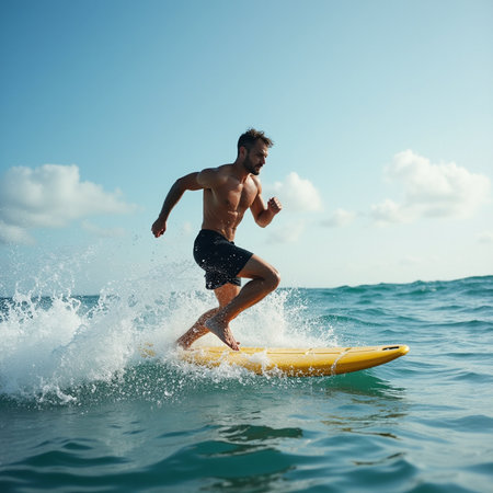Athletic young man surfing on a yellow surfboard.の素材