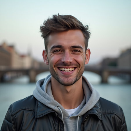 Portrait of a handsome young man smiling in the city outdoors.の素材