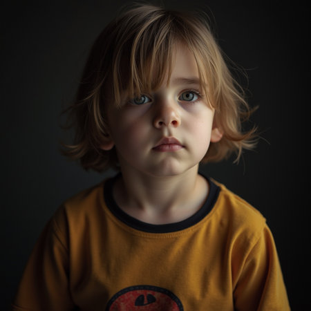 Portrait of a little boy in a yellow shirt on a dark backgroundの素材