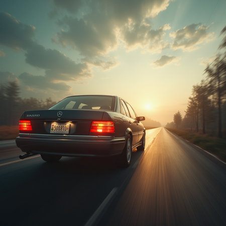 Car on the road at sunset with motion blur, vintage style.の素材