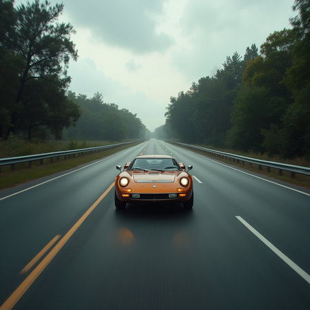 car on the road with motion blur background, vintage color tone.の素材