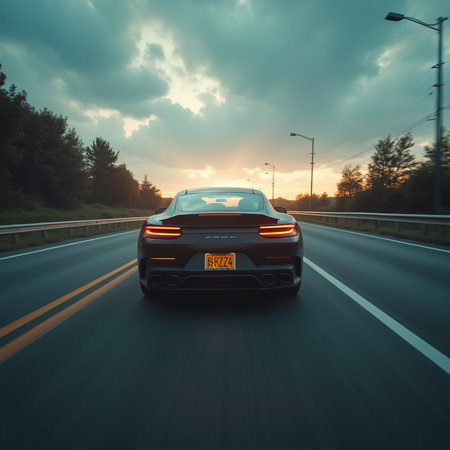 Car driving on the road at sunset. Motion blur. Toned.の素材