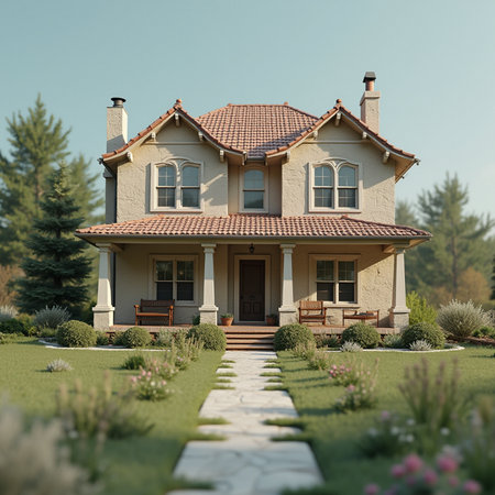 Beautiful house in the garden. House with a large window.の素材