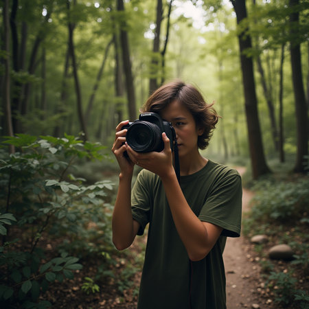 Young woman with camera in the forest. Girl taking photos with a camera.の素材