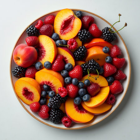 Plate with fresh berries and peaches on white background, top viewの素材