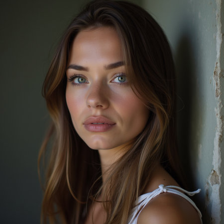Portrait of a beautiful young woman with long hair and green eyesの素材