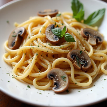 Spaghetti with mushrooms and basil on a white plate, close upの素材