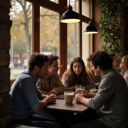 Group of friends sitting at a table in a pub and drinking coffeeの素材