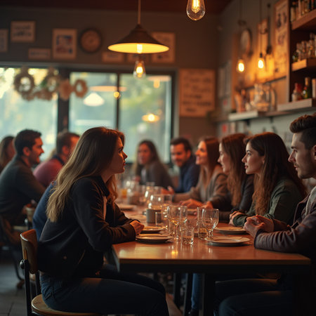 Group of young people sitting in a pub or restaurant, talking and drinking beer.の素材