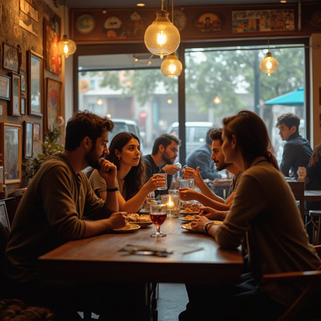 Group of friends sitting at a table in a pub and eating pizzaの素材