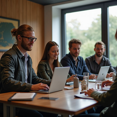 Group of young business people in a meeting at office. Business people working and communicating together.の素材