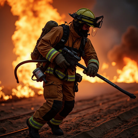Firefighter in action against the backdrop of a burning field. Firefighters in action.の素材