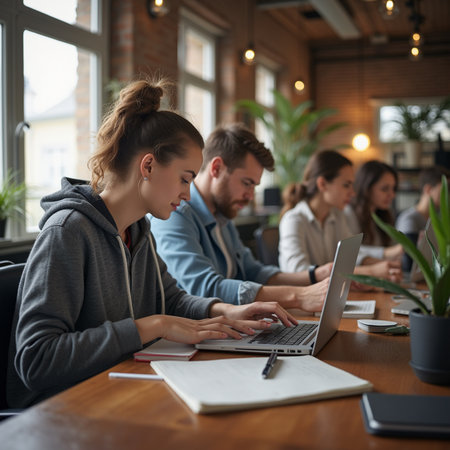 Side view of young businesswoman using laptop while sitting at table in officeの素材