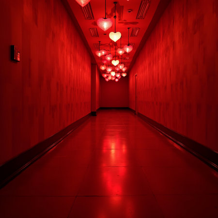 Red corridor with heart shaped lights. Valentine's day concept. 3D Renderingの素材