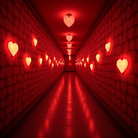 Valentine's day red corridor with red hearts. 3D renderingの素材