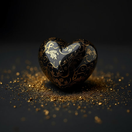 Black heart with gold glitter on black background. Valentine's day concept.の素材