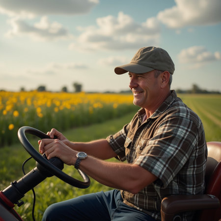 Portrait of happy senior farmer driving tractor in field with sunflowersの素材