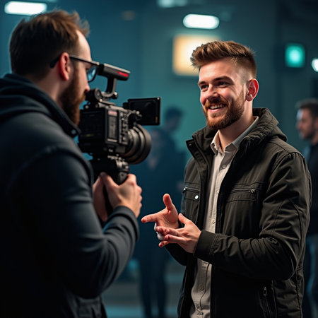 Male videographer with camera recording a video of a young man.の素材