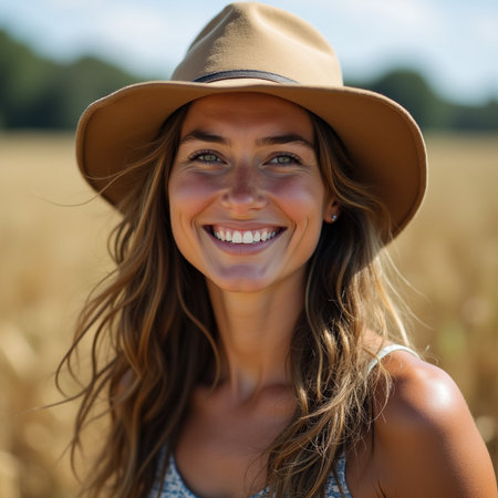 Close up portrait of a beautiful young woman in hat smiling at camera in wheat fieldの素材