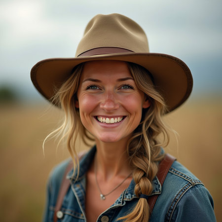 Portrait of a beautiful young woman in a cowboy hat and jeans jacket in a wheat fieldの素材