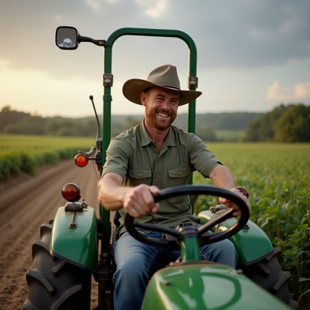 Farmer driving tractor on field at sunset, looking at camera and smilingの素材