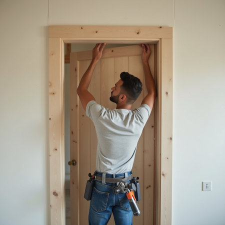 Portrait of a young handyman installing wooden door at new homeの素材