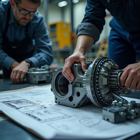 Engineer and technician working on a car engine in a workshop.の素材