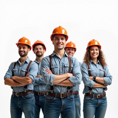 Group of happy smiling workers in hardhat. Isolated over white background.の素材