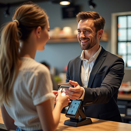 smiling young couple paying with credit card in cafe or coffee shopの素材