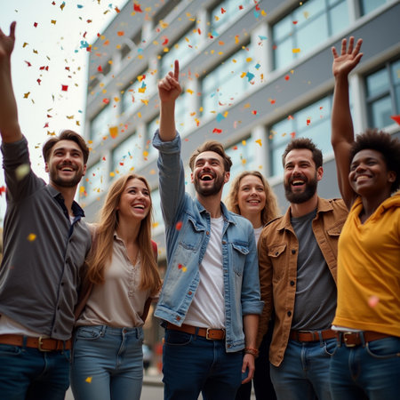 happy friends with confetti celebrating at city street, summer vacation conceptの素材